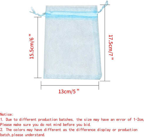 100Pcs Organza Bags, 5x7 Inch Sky Blue Sheer Baby Shower Party Favor Bags with Drawstring for Wedding Candy Pouches