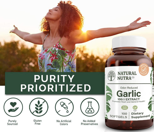 Natural Nutra Odorless Garlic Oil Supplement - Organic Pills for Heart Health, Skin Health - 500mg, 100 Softgels