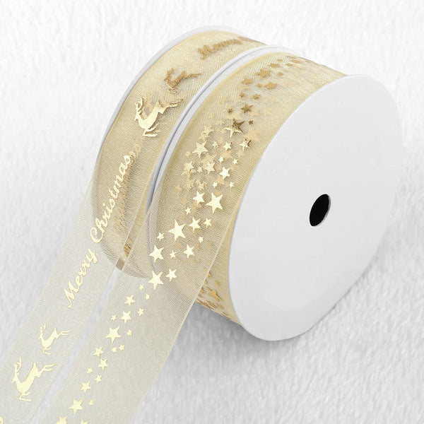 KESOTE Christmas Sheer Ribbons, Gold Organza Chiffon Ribbon with Foil Print for Crafts, Gift Wrapping, Hair Bows