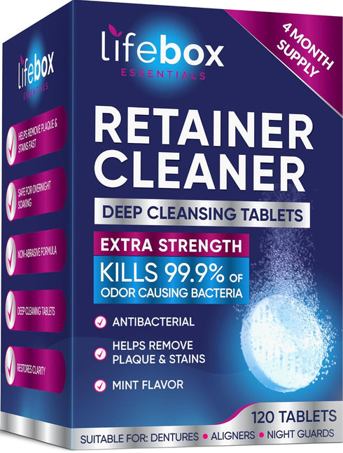 Retainer Cleaner Tablets, Denture Cleaning Tablets, Aligner Cleaner - 120 Tablets, Mint Flavor, Kills 99.9% of Bacteria