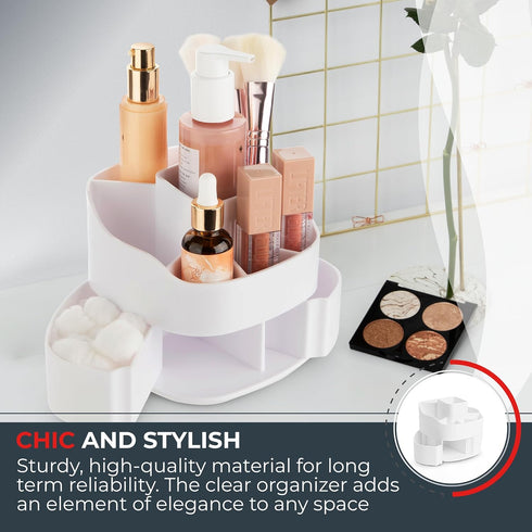 Masirs Small Rotating Makeup Organizer, Mini Cosmetic Storage Solution with Multiple Compartments (Square - White)