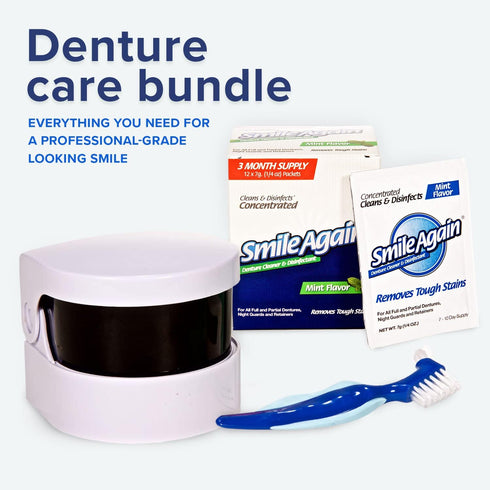 Care Kit for Denture, Retainer & Aligner Cleaning - Ultrasonic Cleaner, Brush, Cleaning Solution, Pack of 3