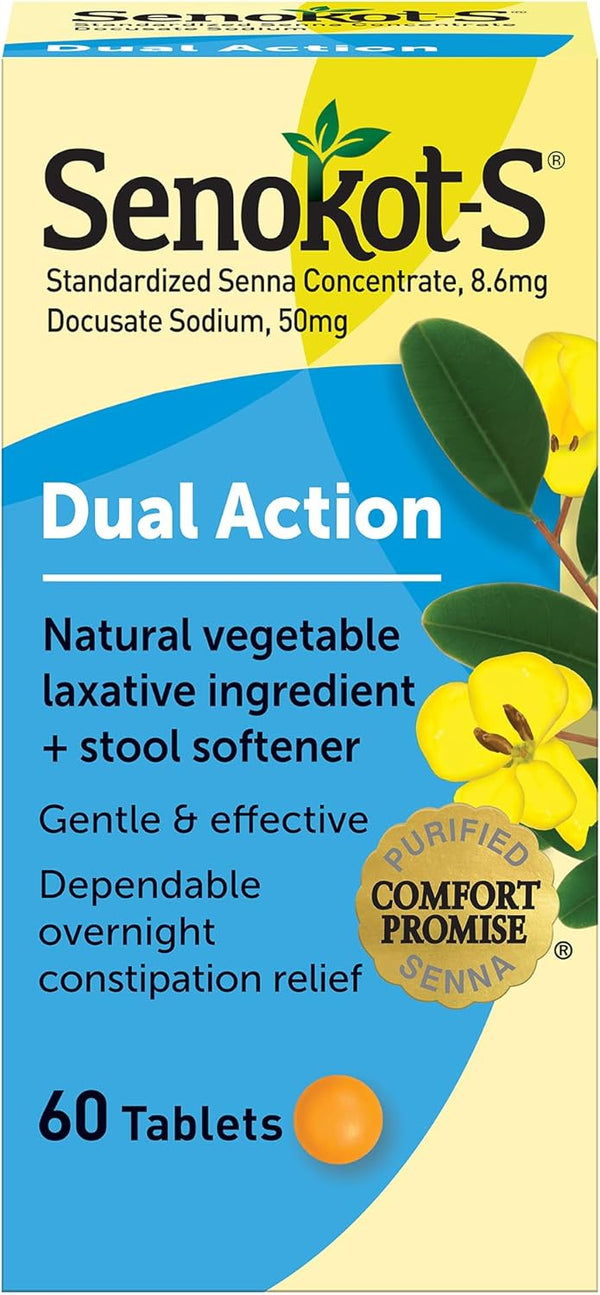 Senokot-S Dual Action 60 Tablets - Natural Vegetable Laxative Ingredient Plus Stool Softener for Constipation