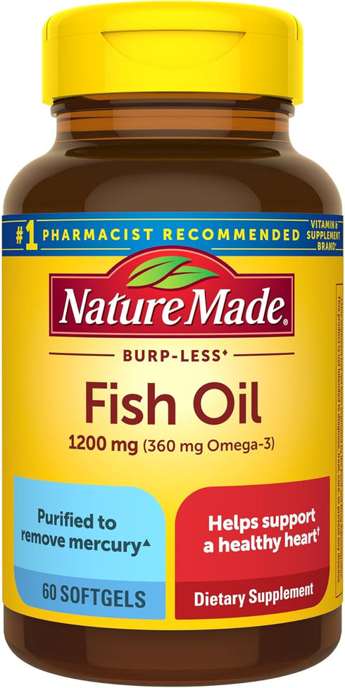 Nature Made Burp Less Fish Oil 1200 mg - 60 Softgels, Omega 3 Fish Oil for Healthy Heart Support, 30 Day Supply