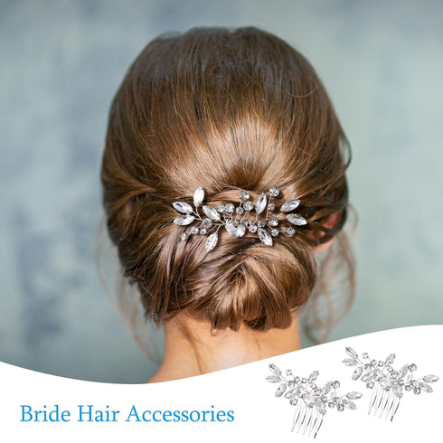 OIIKI 2PCS Silver Rhinestone Hair Combs, Clear Metal Bridal Hair Accessories for Women and Girls