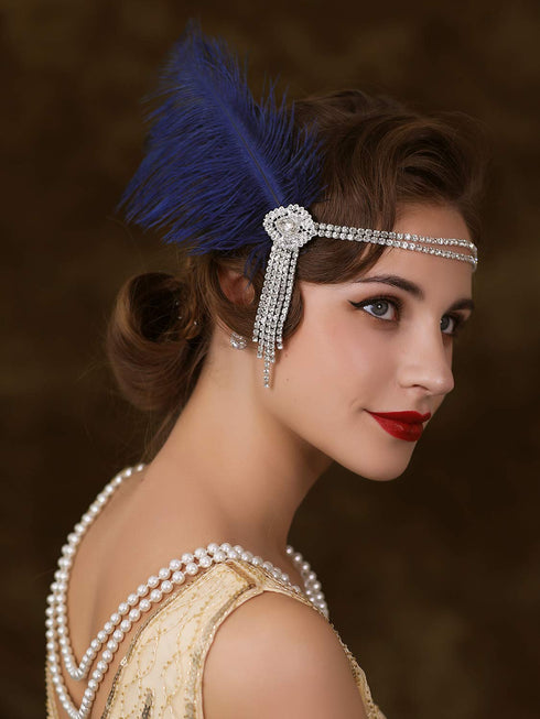 SWEETV Flapper Headbands, Womens 1920s Headpiece, Great Gatsby Inspired Feather Headband, Blue