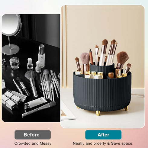 360 Rotating Makeup Brush Holder Organizer, 5 Slot Cup for Cosmetics, Nail Polish, Bathroom Vanity, Black