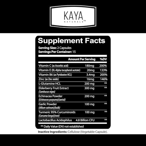Kaya Naturals Elderberry Immune Support | Vitamins with Zinc and Vitamin C for Adults, Probiotics & Turmeric 1000mg Immune System Booster Sambucus Capsules - 30 Count