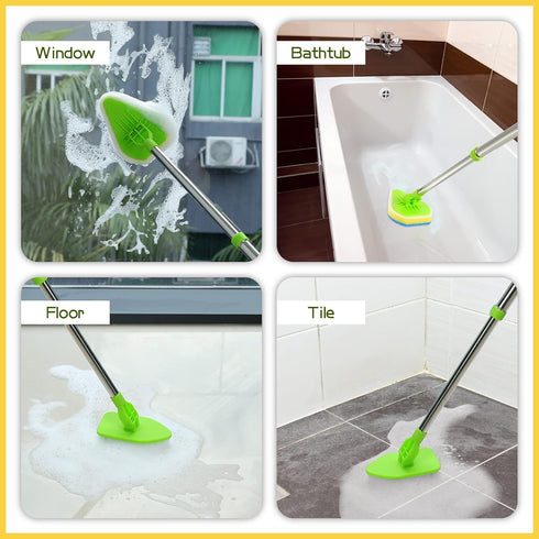 Scrub Cleaning Brush with Long Handle - 2 in 1 Extendable Bathroom Floor Brushes with Stiff Bristles and Sponge Brush