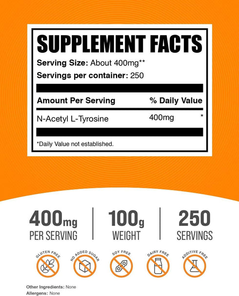 BulkSupplements.com N-Acetyl L-Tyrosine Powder - 400mg per Serving, 100g (Pack of 1)