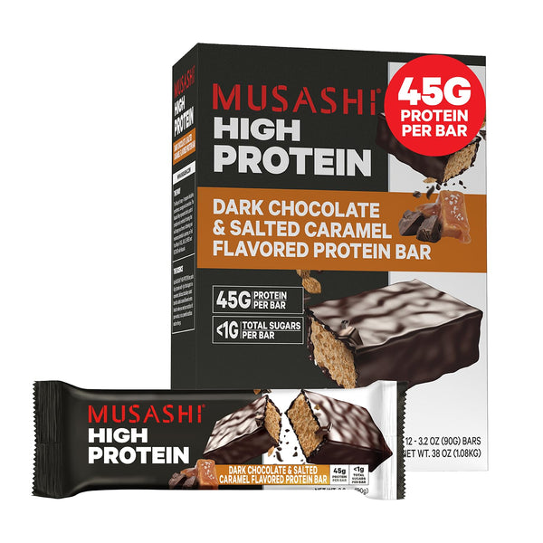 MUSASHI High Protein Bar, Dark Chocolate & Salted Caramel, 45g Protein, <1g Total Sugars, 12 Pack of 3.2oz Bars