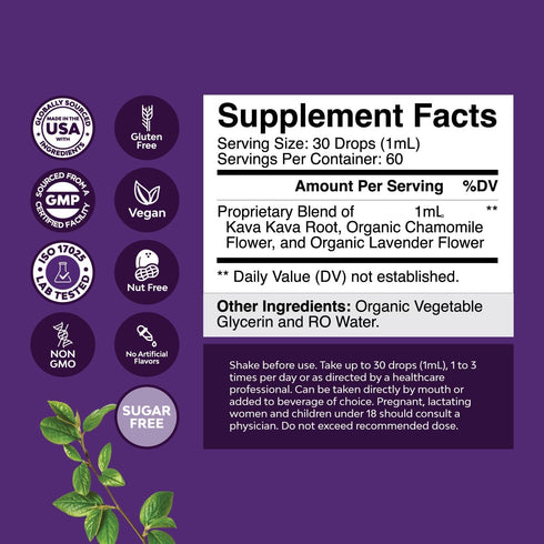 Potent Liquid Kava Kava Drops - Calming High Concentration Kava Extract with Chamomile and Lavender - Tasty Adaptogen Drops Mood Support Supplement with Kava Root - Vegan Non GMO and Alcohol Free