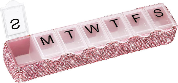 Soleebee Portable Weekly 7 Day Pill Organizer, Bling Crystal Pill Box Case, Travel