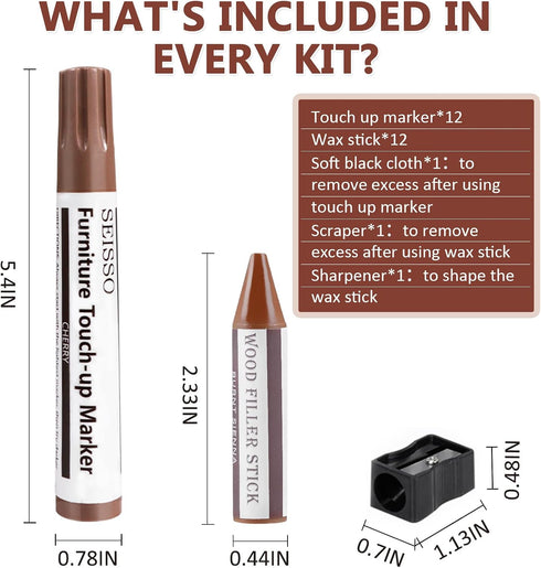 NEW Upgraded Furniture Repair Kit - Wood Markers Set of 24 with Wax Sticks, Sharpener, Black Cloth for Scratches