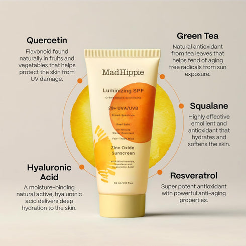 Mad Hippie Luminizing Facial SPF, Daily Protective Serum, 29 SPF Moisturizer & Mineral Sunscreen Face Lotion, 2 Oz.