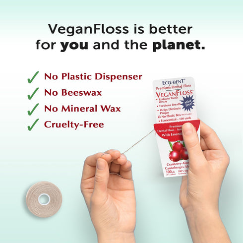 Eco-Dent VeganFloss Dental Floss, Waxed, Cranberry-Aloe, 100 Yds, Recyclable Cardboard Packaging, Pack of 6