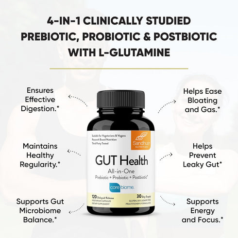 Sandhu's Gut Health - Prebiotic, Probiotic, Postbiotic & L-Glutamine | 120 Delayed Release Capsules for Digestive Health