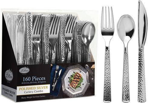 VeZee 160 Pcs Disposable Extra Heavyweight Silver Plastic Silverware.Lillan Tablesettings One Pack includes