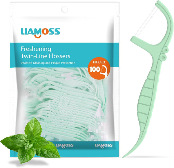 100 Count Twin-Line Dental Flossers, LIAMOSS Mint Flavor Picks for Super Cleanup Teeth, Unbreakable Toothpicks