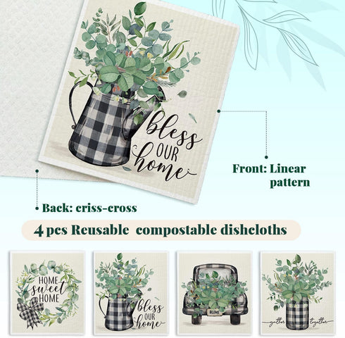 LARTSFRO 4 Pack Bless This Home Swedish Dishcloths for Kitchen, Home Sweet Home, Swedish Dish Cloths for Home, Papaya
