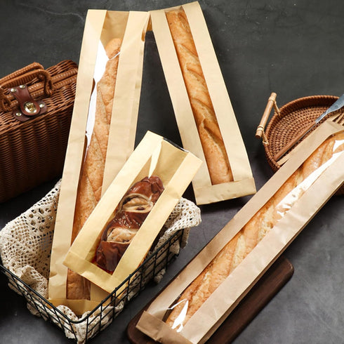 MXYEVL 50 Pack Baguette Bags for Homemade Bread with Stickers, Reusable Kraft Paper Bread Bags, Long Sourdough Paper