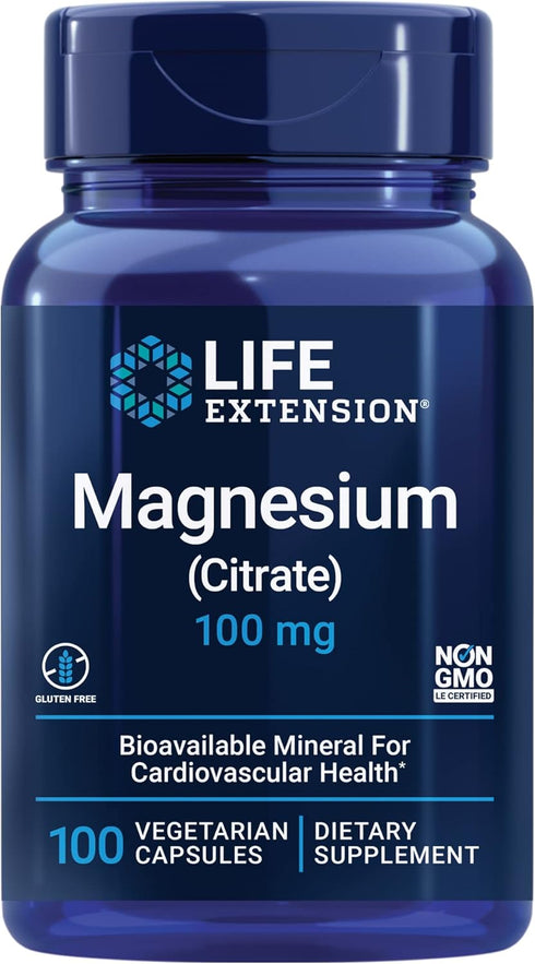 Life Extension Magnesium Supplement 100 mg, Citrate for Heart, Bone Health, Immune Support, 100 Veg Capsules