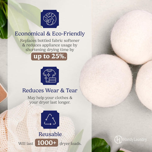 Handy Laundry Wool Dryer Balls - Natural Fabric Softener, Reusable, Pack of 6, Reduces Wrinkles & Saves Time