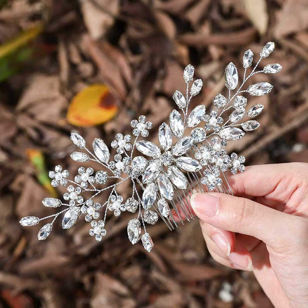 Unsutuo Crystal Bride Wedding Hair Comb, Silver Rhinestone Flower Bridal Hair Accessories for Women