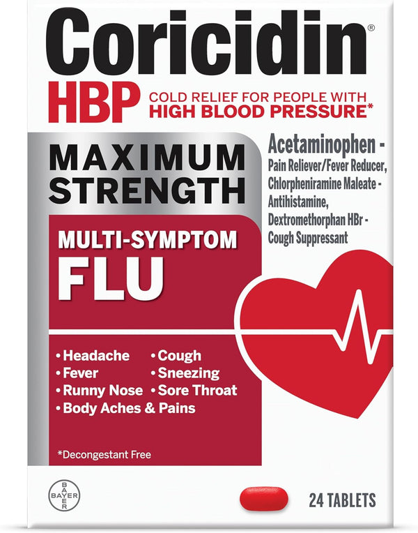 Coricidin HBP Maximum Strength Multi-Symptom Flu Tablets for Body Aches, Cold and Cough Relief, 24 Count.