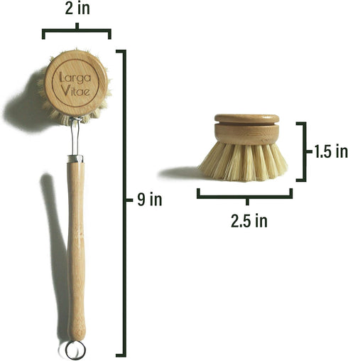 Wooden Dish Brush Made of Bamboo Wood and Natural Bristle, Includes 5 Replacement Brush Heads, Kitchen Scrubber