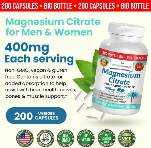 Magnesium Citrate 400mg, 200 Capsules, High Potency for Sleep and Leg Cramps, Vegan Supplement