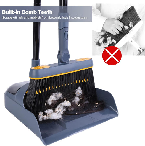 JEHONN Broom and Dustpan Set, 54 Inches Long Handle, Lightweight Indoor Upright Dust Pan with Comb Teeth for Home