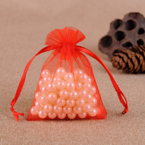 50 Pc 5x7 inch Gift Wrap Bags Red, Organza Sheer Fabric Drawstring Glossy Treat Bags for Baby Shower Favor