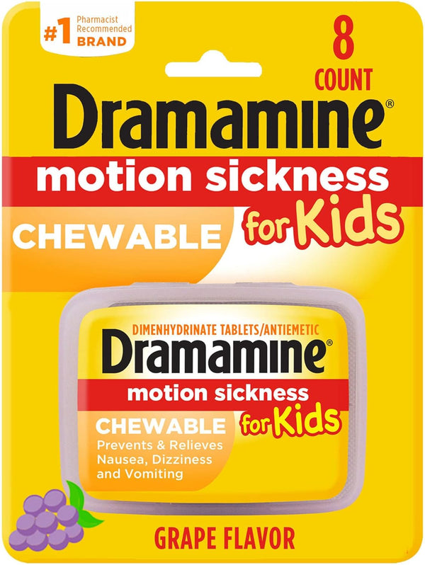 Dramamine Motion Sickness Relief for Kids, Chewable Grape, 8 Count