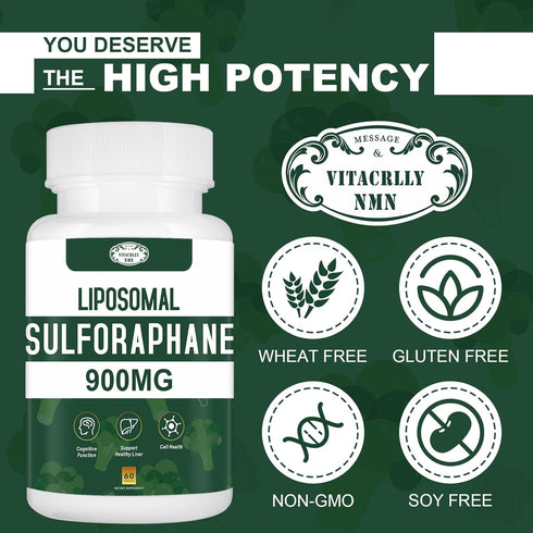 900MG Liposomal Sulforaphane Supplement, Broccoli Extract for Antioxidant, Digestion, Cellular Health - 60 Capsules