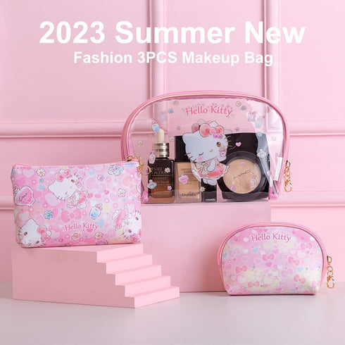 Cosmetic Big Makeup Bag Cosmetic Bag Travel Carrying Case Kitty Cat Toiletry Bag Lady Gift Valentine's Day Gift (HappyTime-3PCS) (HB-000)