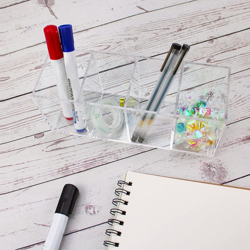 QPEY Acrylic Pen Holder Organizer with 4 Compartments, Clear Makeup Brush Holder for Office Desk Accessories