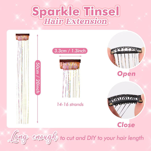 POROLIR Clip in Hair Tinsel Kit, 6Pcs 20 Inch Glitter Fairy Hair Extensions, Heat Resistant Sparkly Strands (Gold Pink)