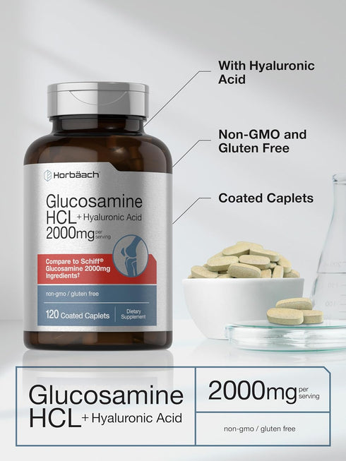 Horbaeach Glucosamine HCL with Hyaluronic Acid | 2000mg | 120 Coated Caplets | Non-GMO, Gluten Free