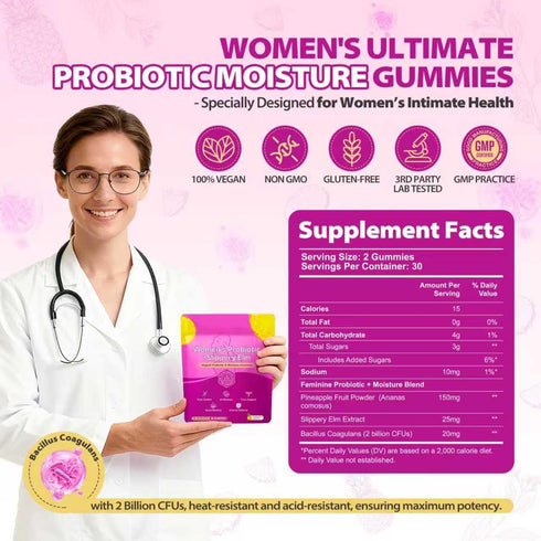 Kaseano GummiesSupports 60 Count. Slippery elm Feminine Probiotic + Moisture pH Balance, Vaginal Flora & Odor Health