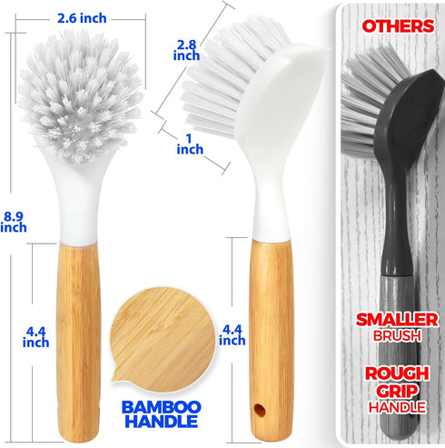 Holikme 3 Pack Dish Brush Set with Bamboo Handle, Kitchen Scrub Brush for Cleaning Dish, Plate, Bowl