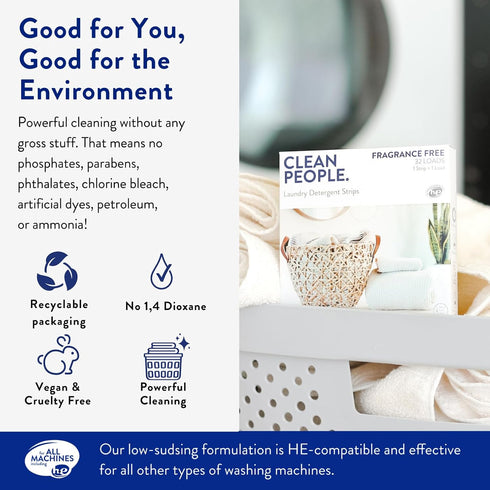 The Clean People Fragrance Free Laundry Detergent Sheets, 32 Pack | Hypoallergenic, Ultra Concentrated, Stain Fighting