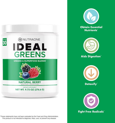 NutraOne Ideal Greens Antioxidant Superfood Greens Powder Supplement, Natural Berry Flavor, 30 Servings