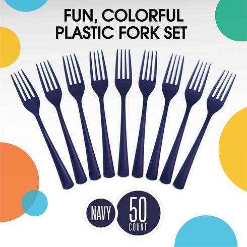 Heavy Duty Navy Plastic Forks, 50 Pcs Disposable Cutlery, Navy Plastic Silverware, Navy Disposable Flatware