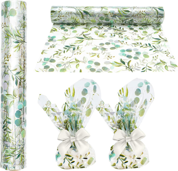 Whaline Eucalyptus Cellophane Wrap Roll, Greenery Clear Wrapping Paper for Gift Basket, 32 Inch x 100 Ft
