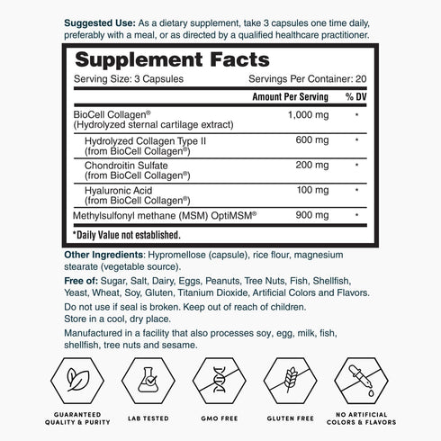 Nature's Lab Hyaluronic Acid with Biocell Collagen and MSM - 60 Capsules for Skin Hydration, Joint Health