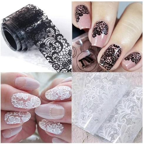 Holographic Nail Foil Transfer Stickers, Black White Lace Laser Foils for Nail Art Supplies, 10 Rolls