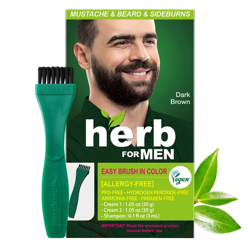 Herb For Men Mustache & Beard Dye, PPD & Ammonia Free, Vegan Natural Ingredients (Dark Brown, 1 pack)