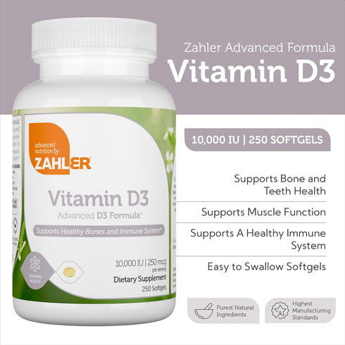 Zahler - Advanced Vitamin D3 10,000 IU Softgels (250 Count) Kosher Vegetarian Friendly Vitamin D for Immune Support, Bone, Teeth & Muscle Health - Easy Swallow Vit D 3