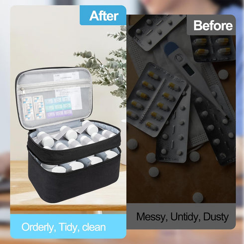 Medicine Organizer Bag, Dual Layers Pill Bottle Organizer Storage Bag with Adjustable Divide, Medication Travel Bag